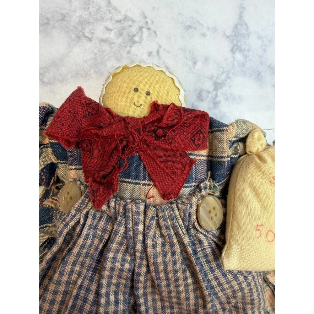 Primitive Cloth Doll Shelf Sitter Plaid Dress Country Farmhouse Folk Art 10in